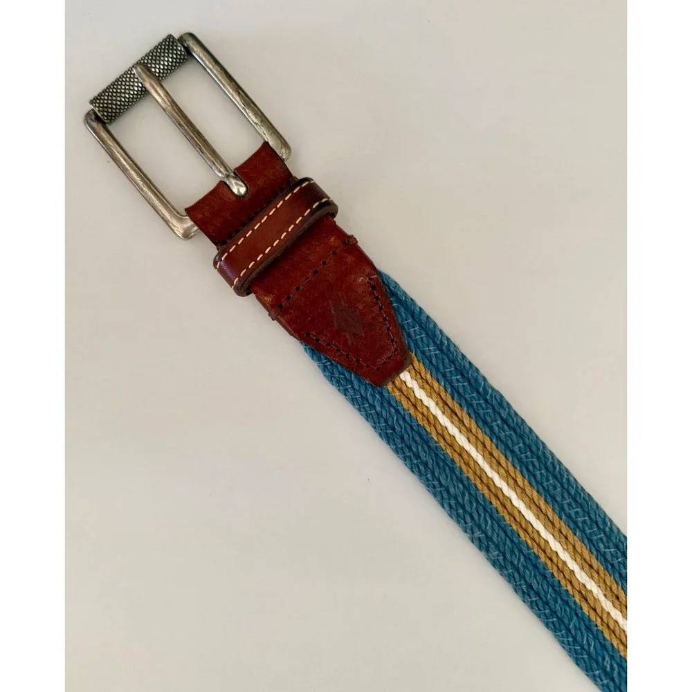 Martin‎ Dingman Old Money Sz 35 Preppy Woven Canvas & Italian Leather Belt Blue